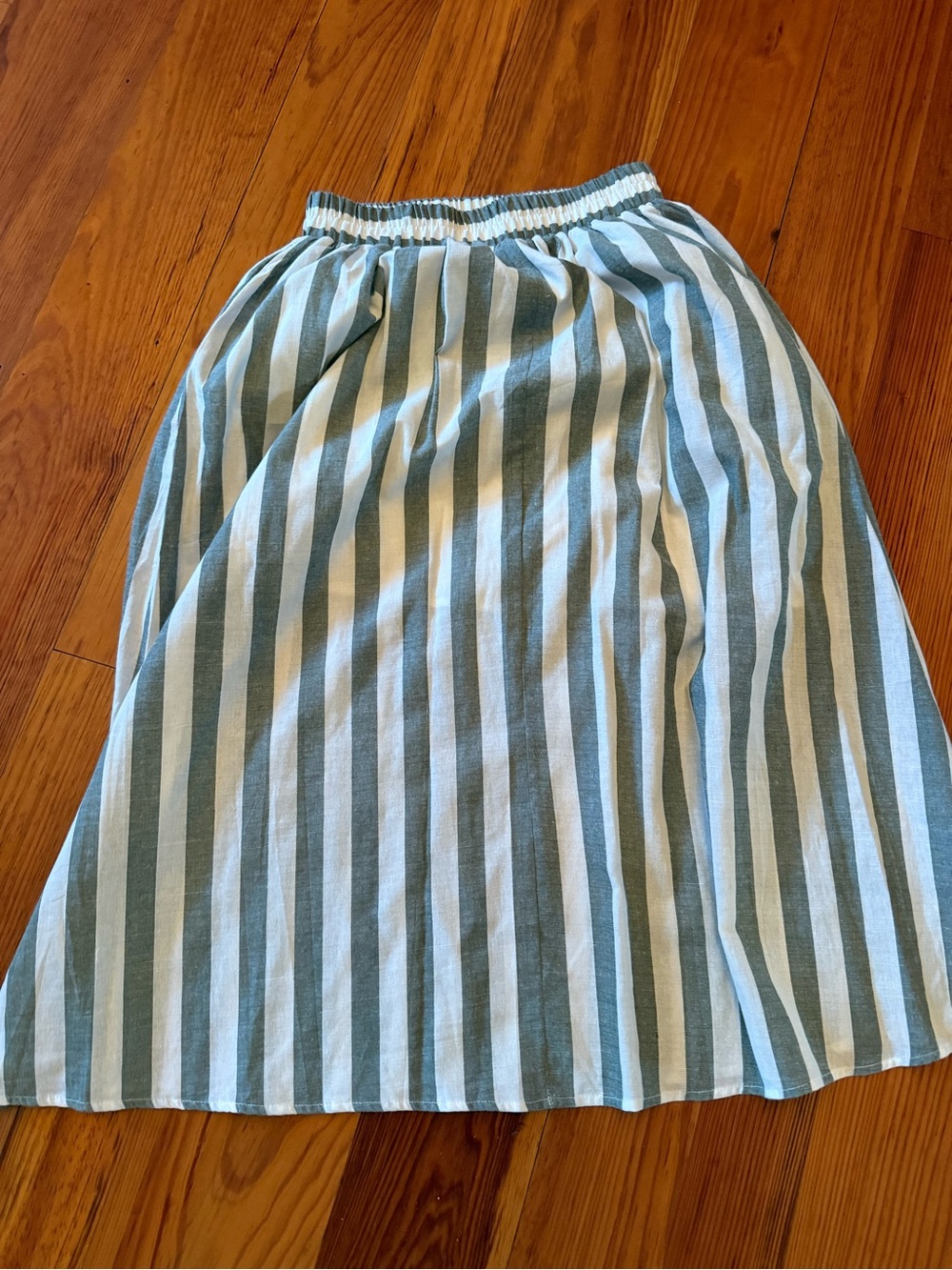 Anthropologie Striped Green and White Elastic Waist Midi Skirt